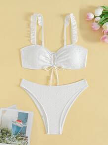 SHEIN Swim Conjunto de bikini de verano para mujer con textura de volantes y atar - Blanco - Ver 1