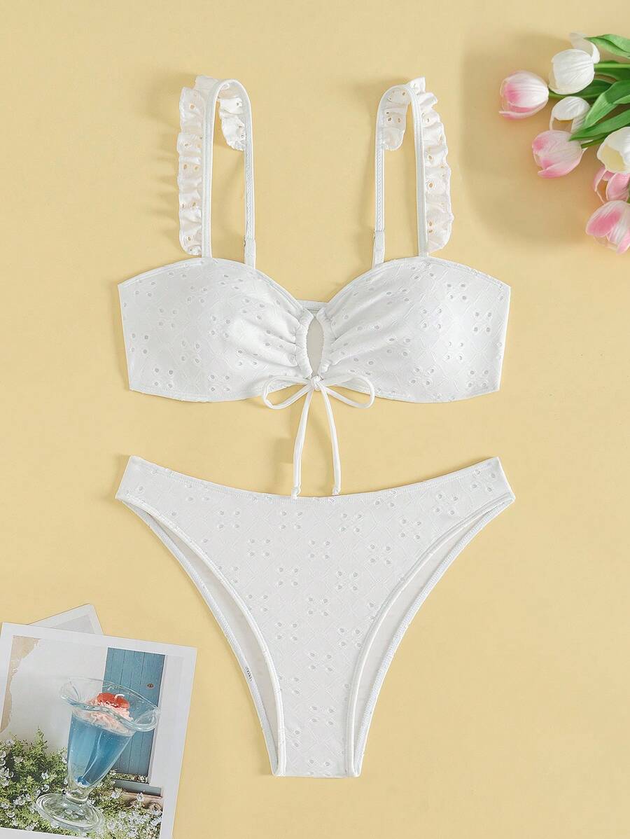 SHEIN Swim Conjunto de bikini de verano para mujer con textura de volantes y atar - Blanco - Ver 1