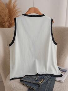 SHEIN Essnce Plus Size Women Black & White Contrast Tie Front Cardigan, Going Out Sexy Tops - Black and White - View 2