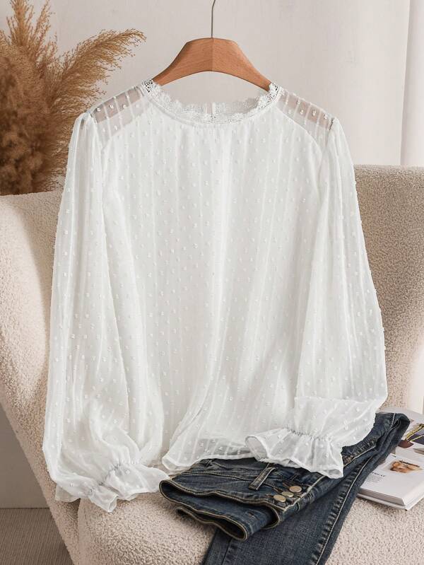 CosyJoli Plus Size Women's Contrast Lace Flare Sleeve Elegant Blouse, Autumn