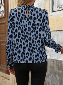SHEIN Clasi Women's Leopard Print Frill Trim Long Sleeve Casual Shirt - Blue - View 2