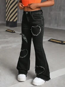SHEIN Tween Girls Y2K Heart Pattern Distressed Flared Denim Flare Leg Jeans,Girls Fall Clothes Back To School Outfits - Black - View 6