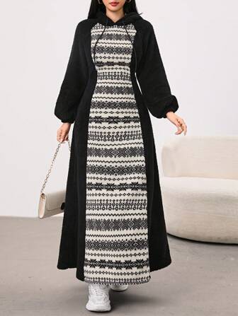 Mulvari Women Geometric Pattern Long Sleeve Drawstring Hooded Fleece Sweatshirt Dress, Autumn/Winter