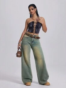 SHEIN ICON 女式复古拼色低腰阔腿牛仔裤 脏脏洗水做旧宽松牛仔裤 - 中等水洗藍 - 查看 4