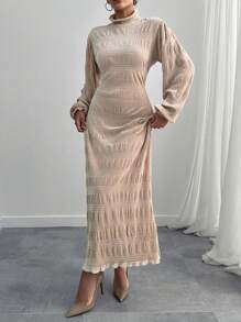 RueChic Textured Long Line, Turtle Neck Velvet Dress - Beige - View 5