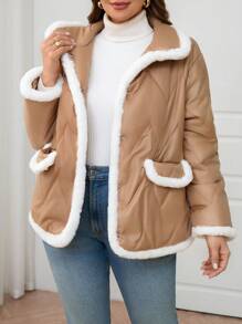 SHEIN Clasi Curvy Plus Size Women's White Fluffy Paneled Single Breasted Quilted Casual Jacket,Winter Fleece-Lined Coat For Hiking Outings,Abrigos - Apricot - View 6