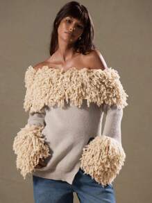 MUSERA Textured Shaggy Knit Asymmetrical Neck Jumper, Spring Y2K 90's Casual Cute Muted Haze Festival Summer Coolgirl - Grey - View 5