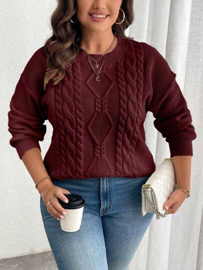 Calvaya Plus Size Solid Color Crew Neck Long Sleeve Casual Cable Knit Pullover Sweater Knit Pullover Fall Winter