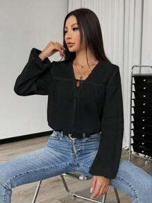 EMERY ROSE Áo sơ mi buộc dây phía trước màu trơn thường ngày cho nữ, mùa thu - màu đen - Xem 5