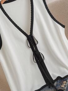 SHEIN Essnce Plus Size Women Black & White Contrast Tie Front Cardigan, Going Out Sexy Tops - Black and White - View 4