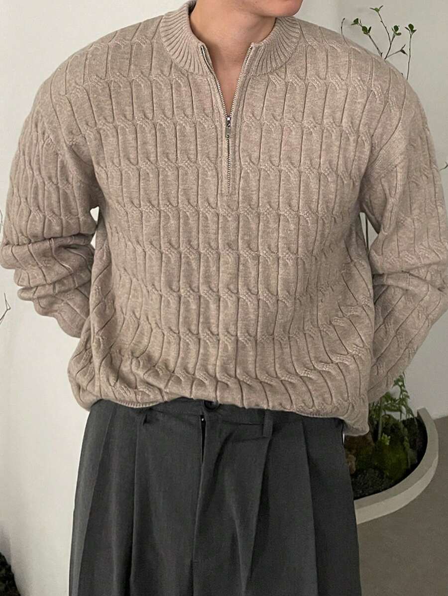 DAZY Men's Solid Color Long Sleeve Zip Up Half-Placket Casual Sweater, Autumn/Winter Quarter Zip Men - Apricot - View 1