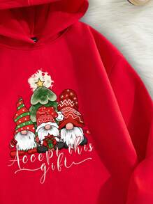 Manfinity Homme Men's Casual Vintage Red 3 Santa Claus & Christmas Tree Graphic Loose Fit Pullover Hoodie, Thermal Lined