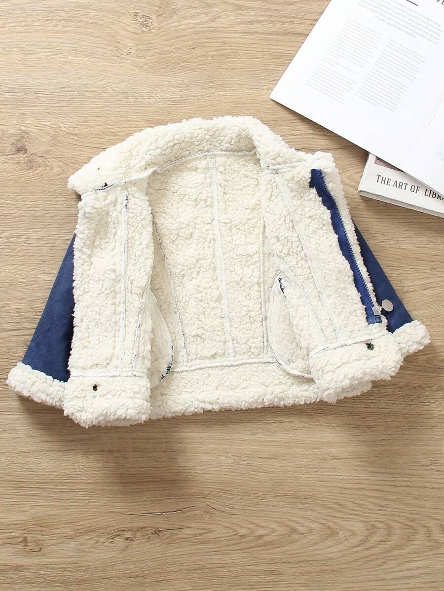 Baby Boys & Baby Girls & Unisex Baby Clothes Winter Outfit Teddy Lined Zip Up Turndown Collared Motorcycle Jacket - Blue - View 1