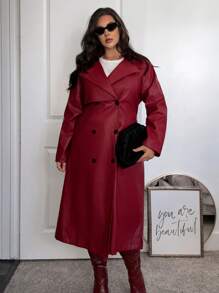 SHEIN Privé Plus Size Women Black PU Windbreaker Jacket, Simple And Fashionable For Autumn/Winter