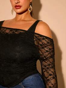 SHEIN BAE Plus Size Women's See-Through Lace Long Sleeve Blouse And Camisole Two Pieces Set, Suitable For Dating, Party, Christmas, Off-Shoulder, Black, Blouse For Women, Tops For Women, Off-Shoulder Top, T-Shirts, Knit Top, Crop Top, Asymmetrical, Curve Tops, Fitted, Plain, Women's Basics, Western Women's Clothes, Summer, Tight, Easter, Spring Clothes - Black - View 9