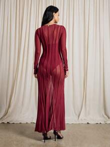 AiiRZ Long Fitted Mesh Maxi Dress With Seam Detail - Burgundy - View 2