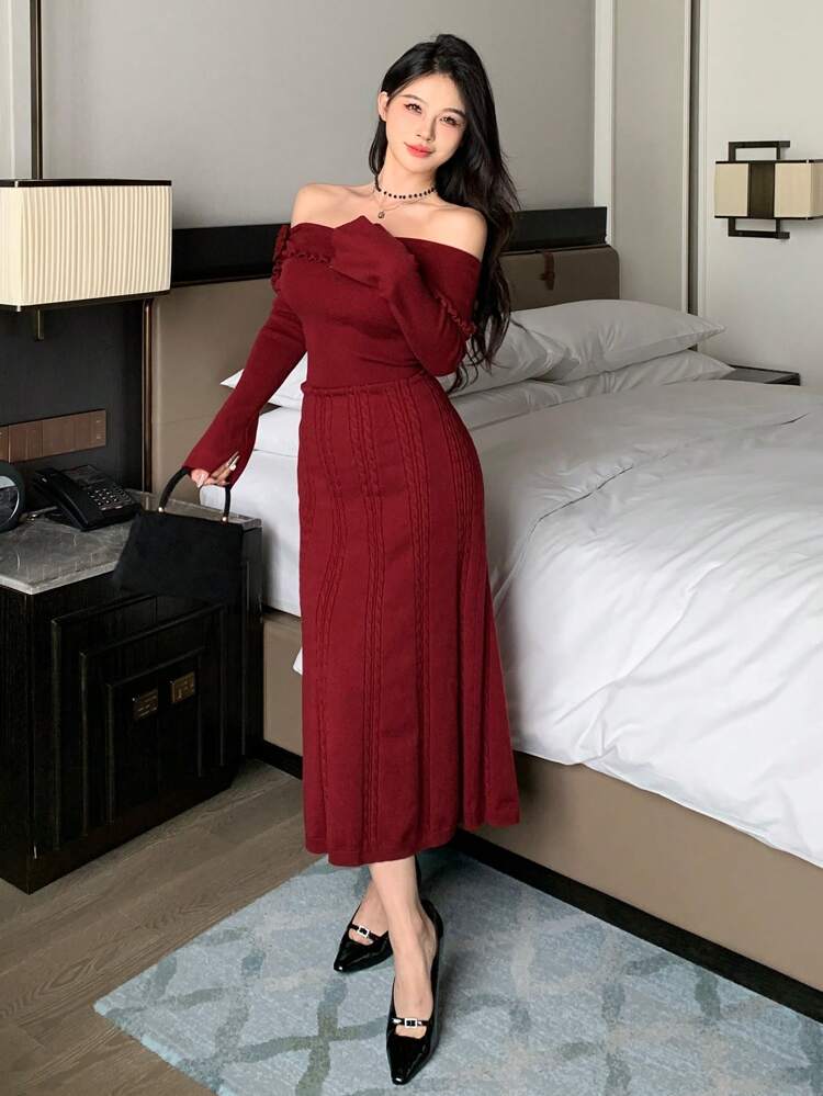 Women's Solid Color Off-Shoulder Long Sleeve Casual Sweater Dress Off Shoulder Red Women Dresses Christmas