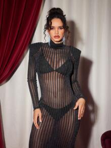 Nancy Grandelli Designer Black Stripe See-Through Sexy Stand Collar Long Sleeve Hollow Back Bodycon Party Elegant Dress Outfit, For Holiday, Birthday Outfits, Spring, Festival, Wedding, Prom Dress - Black - View 5