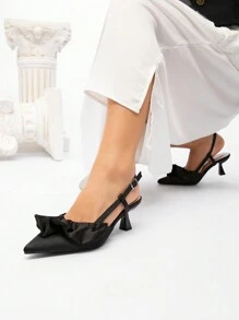 CUCCOO CHICEST Women's Black Elegant Ruffled Satin Pointed Toe Low Heel Hollow-Out Pumps Valentines