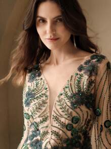 Anewsta Women Short Embroidery & Sequin Decor Long Sleeve Dress - Dark Green - View 3