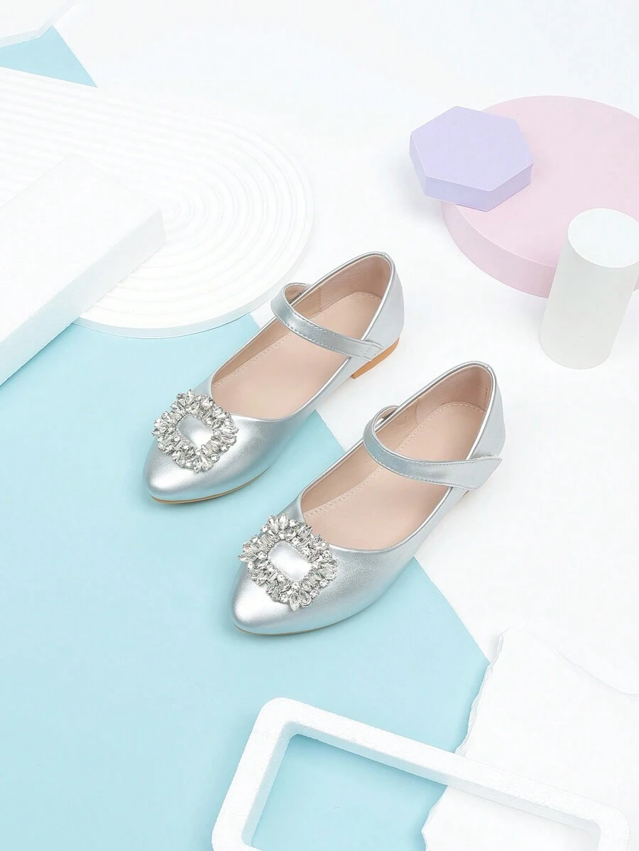 Hook And Loop Princess Shoes, Soft Bottom, Non-Slip, Pointed-Toe Casual Flats - Silver - View 1