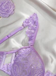 Damen sexy Cut Out florales Spitzen-Rüschen-Saum süß und niedlich lila Dessous-BH
