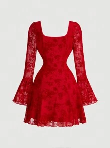 SHEIN MOD Women's Vintage Elegant Dress With Flared Sleeves, Chest Cup Splicing, Flared Hemline, Black Flocked Material