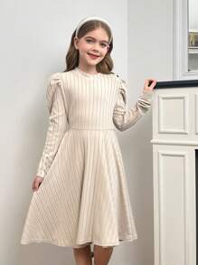 SHEIN Leap Crew Tween Girl Cozy Ribbed Button Flared Lantern Sleeve Ruffle Hem Casual Dress For Autumn/Winter - Apricot - View 6