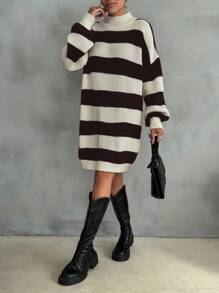 EURMUSE Women Drop Shoulder Sweater Dress With Striped Pattern - Brown - View 2
