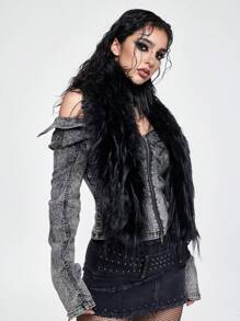 ROMWE Grunge Punk 1 件简单纯色毛绒围巾，Y2K 温暖毛茸茸超长围巾，厚厚的日常围巾 - 黑色 - 查看 3