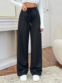 EURMUSE Women's Solid Drawstring Wide Leg Pants - Black - View 3