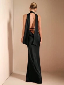 SHEIN BAE 红色性感优雅深 V 领细肩带露背系带美人鱼下摆针织连衣裙，适合鸡尾酒会、浪漫约会、秋冬分层穿着、派对、婚礼派对、万圣节、圣诞节 - 黑色 - 查看 9