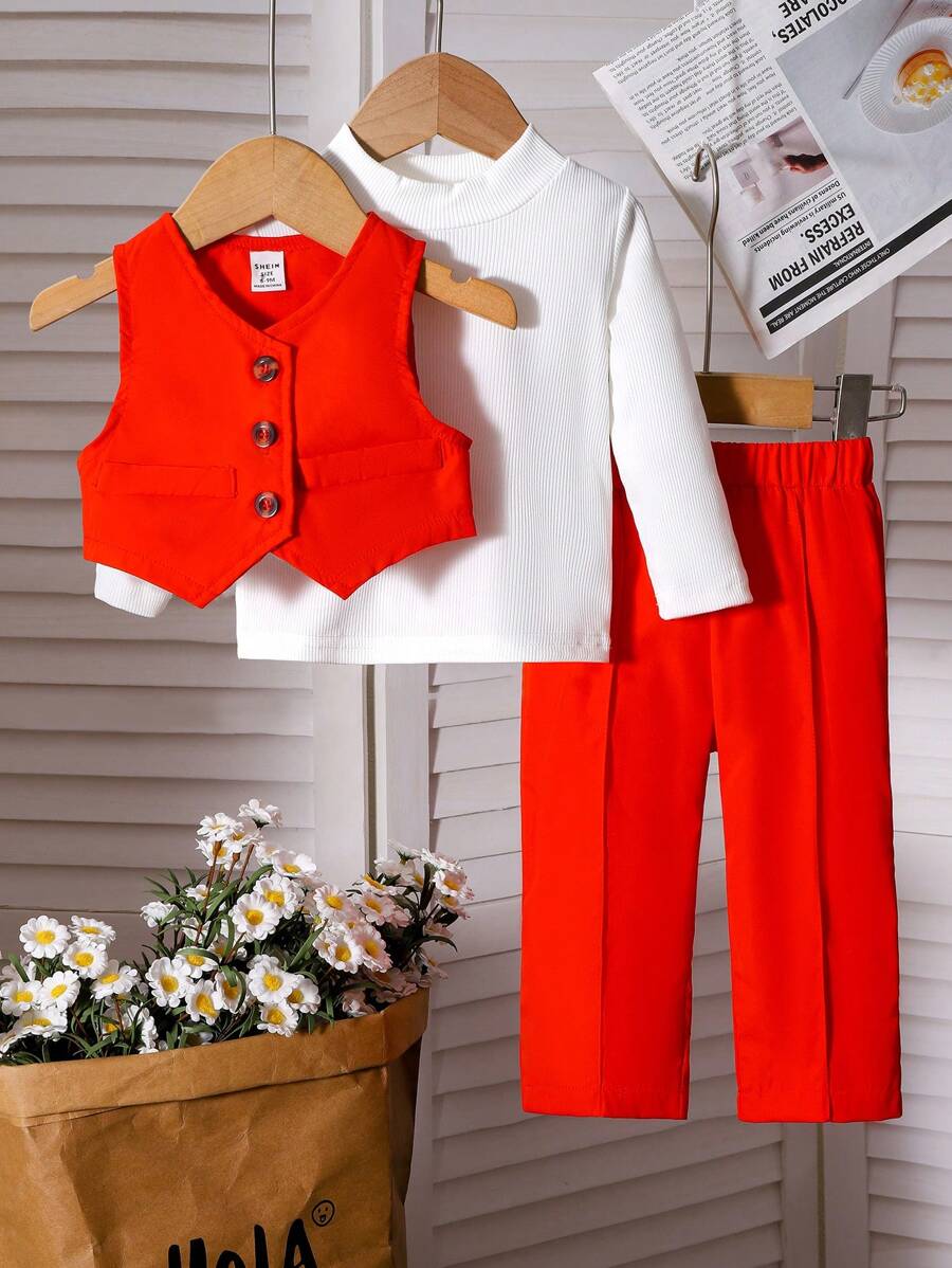 女婴红色背心，配长袖上衣和西裤 - 紅色 - 查看 1