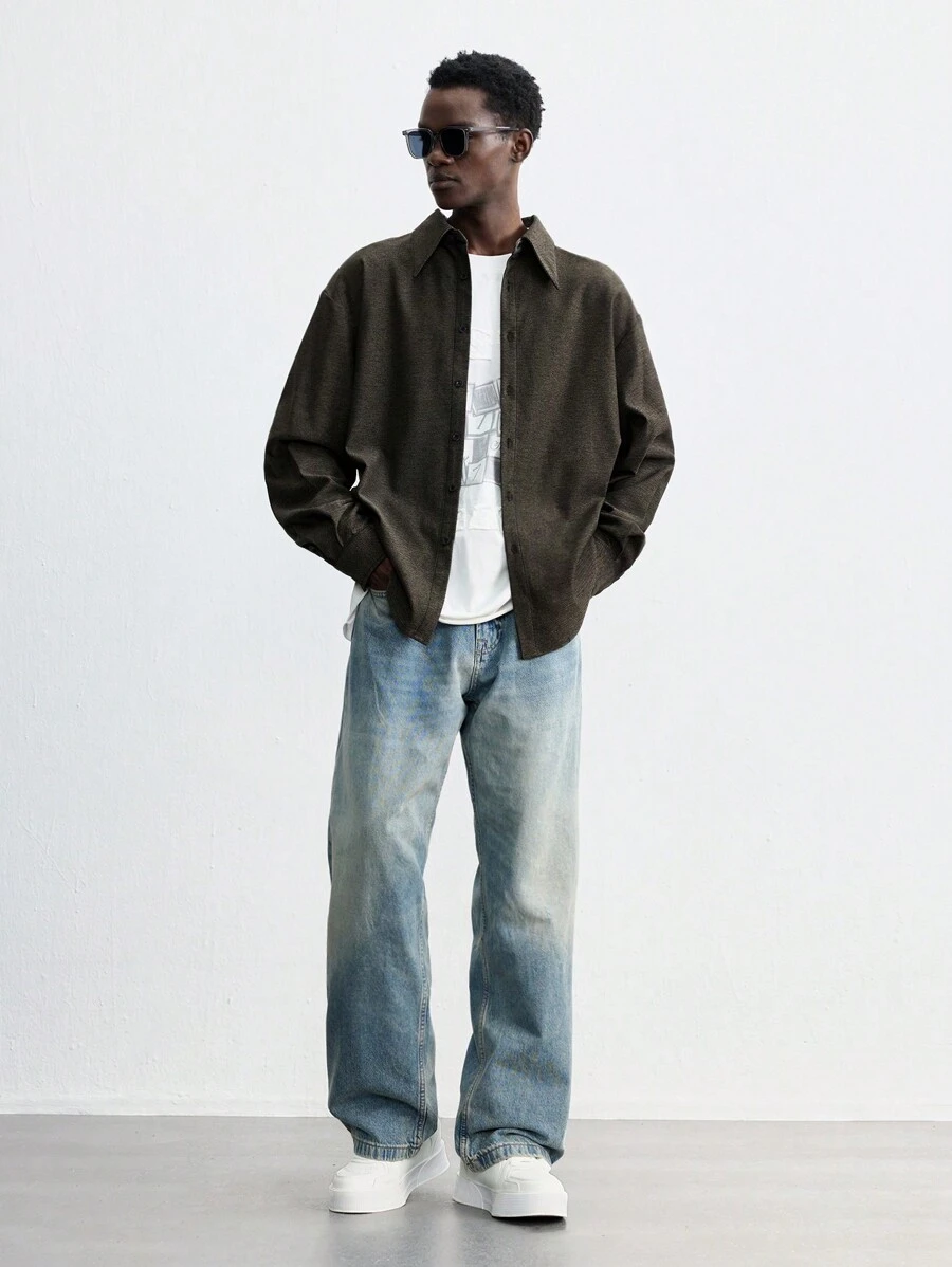 Maija 男士 2025 新款宽松休闲简约纯色斜条纹长袖开襟单排扣衬衫，个性化简约，适合日常、派对、新年、情人节 - 彩色 - 查看 1