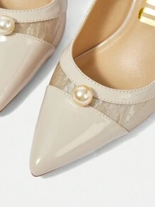 CUCCOO HITCHD Pointed Toe Slender High Heel Apricot Color Splice Faux Pearl Decor Ladies' Pumps Valentine's Day - Apricot - View 5