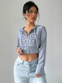 SHEIN Unity Letter Graphic Zip Up Drawstring Crop Hoodie Sweatshirt - Multicolor - View 5