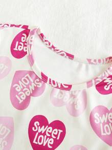 2 pezzi Set da lounge aderente a maniche lunghe con stampa a cuori all-over per ragazze pre-adolescenti