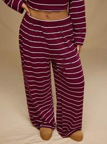 Forever 21 大码冬季宽松条纹休闲百搭舒适勃艮第针织阔腿新年圣诞裤（不含上衣）