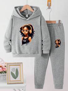 SHEIN 年轻女孩时尚可爱耳机印花灰色连帽衫和运动裤套装，适合秋冬季休闲外出或聚会 - 灰色 - 查看 1