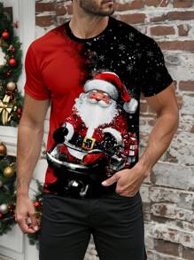 Manfinity Homme 时尚休闲圣诞圣诞老人水彩风格图案印花修身圆领 T 恤男款 - 紅色 - 查看 8
