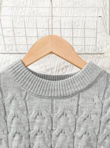 SHEIN Leap Crew Tween 女童圆领拼布 A 字形喇叭下摆休闲舒适保暖套头毛衣连衣裙，具有不同纹理，适合日常穿着、休闲场合 - 淺灰色 - 查看 4