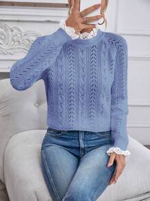 SHEIN LUNE 女士秋冬拼接刺绣立领插肩袖镂空针织套头衫 - 藍色 - 查看 5
