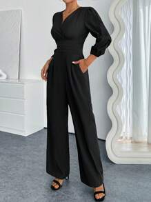 Pariaura Women's V-Neck Pleated Solid Long Sleeve Jumpsuit - Black - View 3