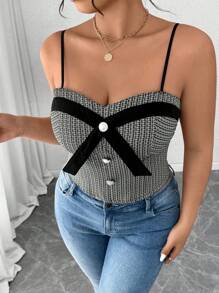 Calvaya Plus Size Patchwork Elegant Camisole Top For Outgoing & Party Graphic Tees Women Tops Bow - Multicolor - View 6