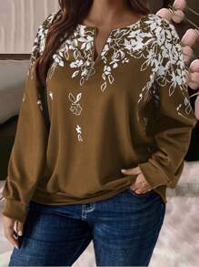 EMERY ROSE Plus Size Front Zip Up Long Sleeve Printed Casual Sweatshirt, Autumn/Winter