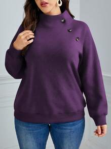 SHEIN LUNE 大码女式立领纽扣饰边插肩袖休闲运动衫，秋冬圣诞女装新年女士生日装