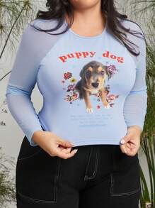 Animal Planet X SHEIN Women's Plus Size Long Sleeve Crew Neck Top With Puppy Dog Print, Mesh Splice, Fashion , Fresh, Comfortable, Y2K Style