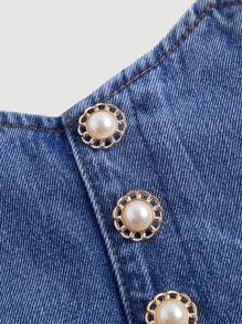 SHEIN MOD 大码蓝色牛仔中长裙珍珠纽扣优雅情人节约会 - 中等水洗藍 - 查看 4