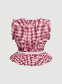SHEIN MOD Plus Size Sweet Retro Red Plaid Lace Tied Bow-Knot Decor Tank Top, Valentine's Day Valentine's Gifts - Red and White - View 2