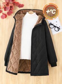 Tween Girl 绗缝钻石图案加垫保暖连帽中长款厚夹克，休闲外套